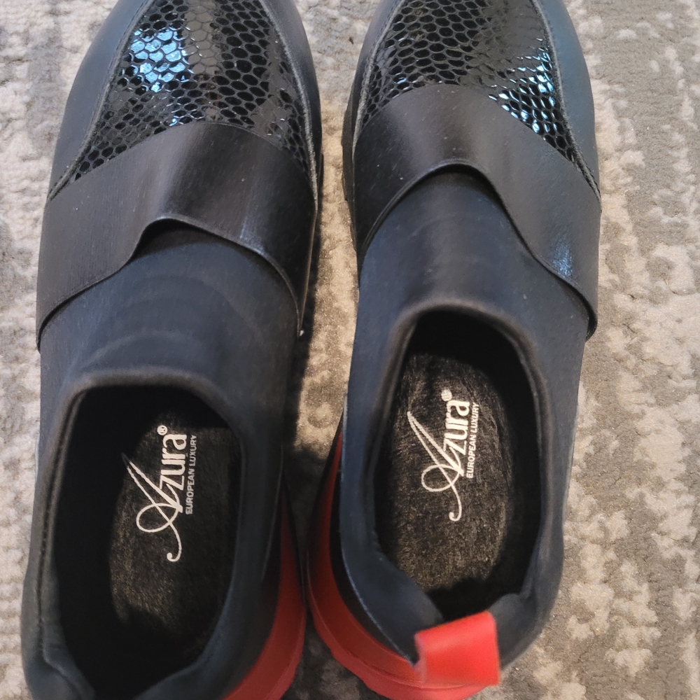 Azura Women's Black Athletic Slip-On Sneakers with Red Heel